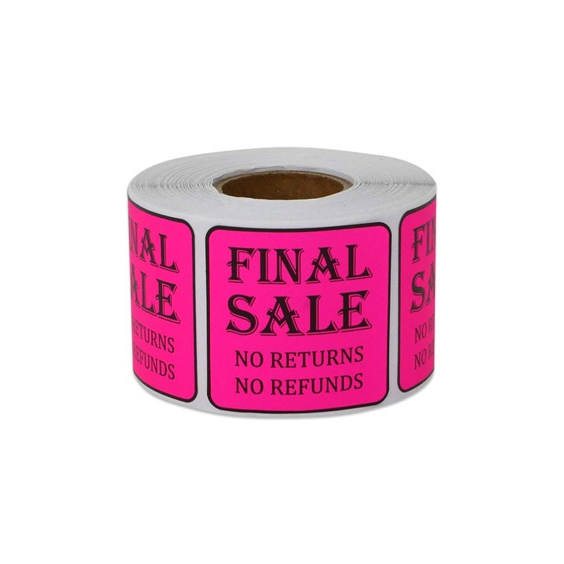 Final Sale Stickers No Returns No Refunds 15 x 15 Inch Square in Neon Pink for Retail Grocery Clearance Final Sales Garage Yard Sale Rummage Sale Thrift Stores Labels 300 Labels per Roll