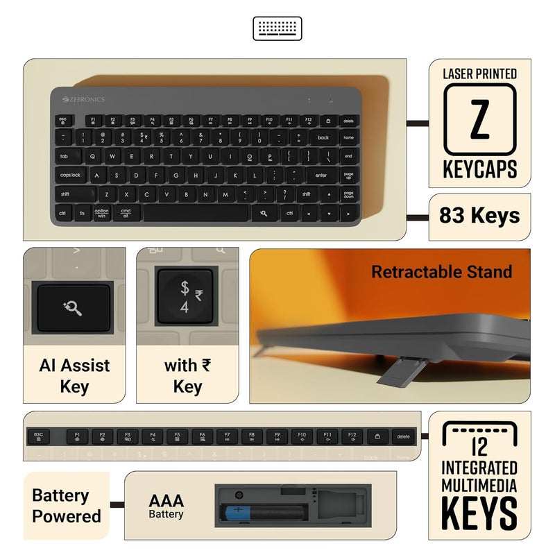 ZEBRONICS مجموعة لوحة المفاتيح والفأرة اللاسلكية Companion 201 2.4GHz، 83 مفتاح، مفتاح مساعد بالذكاء الاصطناعي، 12 مفتاح وسائط متعددة مدمجة، فأرة 3 أزرار، 1600 DPI، دقة عالية، تشغيل صامت (أسود + رمادي) - Image 4