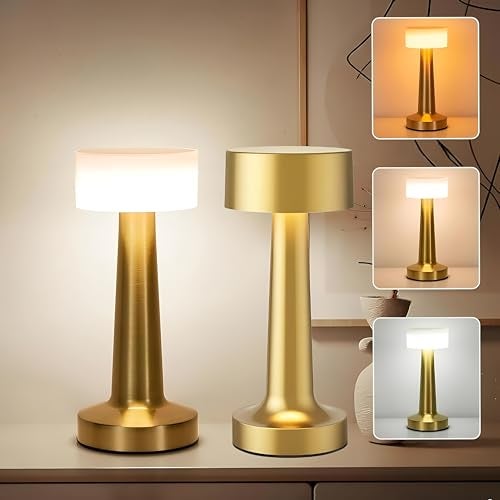 CLAPONE Table Lamp/Table Lamp Study Room/Lamp Table/Led/Wireless Led Touch 3 Mode Metal/Bed Lamps Bedroom Side/Rechargeable Metal Touch/Warm Lighting (White - Gold Lamp 2PC) - Image 1