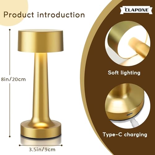 CLAPONE Table Lamp/Table Lamp Study Room/Lamp Table/Led/Wireless Led Touch 3 Mode Metal/Bed Lamps Bedroom Side/Rechargeable Metal Touch/Warm Lighting (White - Gold Lamp 2PC) - Image 3