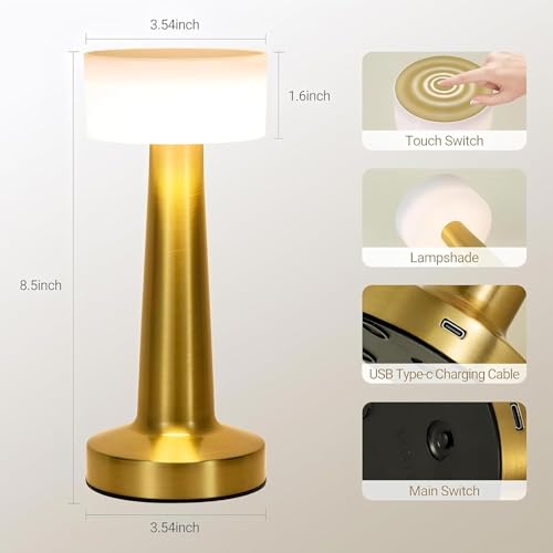 CLAPONE Table Lamp/Table Lamp Study Room/Lamp Table/Led/Wireless Led Touch 3 Mode Metal/Bed Lamps Bedroom Side/Rechargeable Metal Touch/Warm Lighting (White - Gold Lamp 2PC) - Image 2