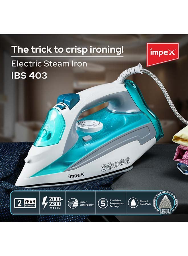 Impex Electric Steam Iron Box with 2300W Power, Ceramic Coated Sole Plate, 5 Variable Temperature Settings, 360° Swivel Cord, Super Water Spray System, Overheat Protection 2300 W IBS 403 Blue/White - Image 2