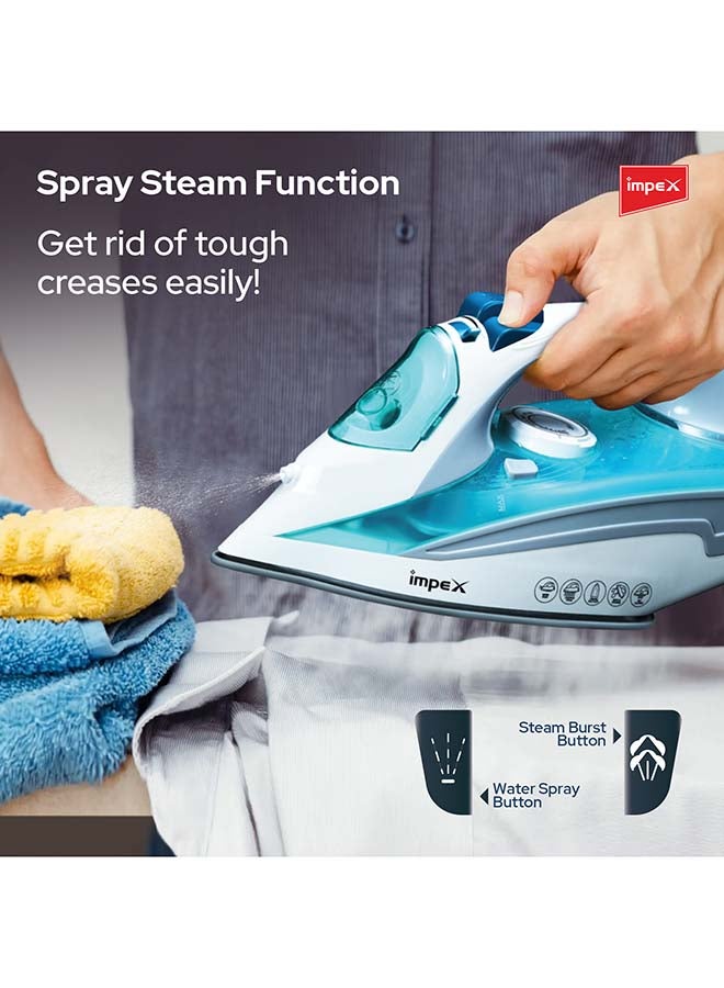 Impex Electric Steam Iron Box with 2300W Power, Ceramic Coated Sole Plate, 5 Variable Temperature Settings, 360° Swivel Cord, Super Water Spray System, Overheat Protection 2300 W IBS 403 Blue/White - Image 4