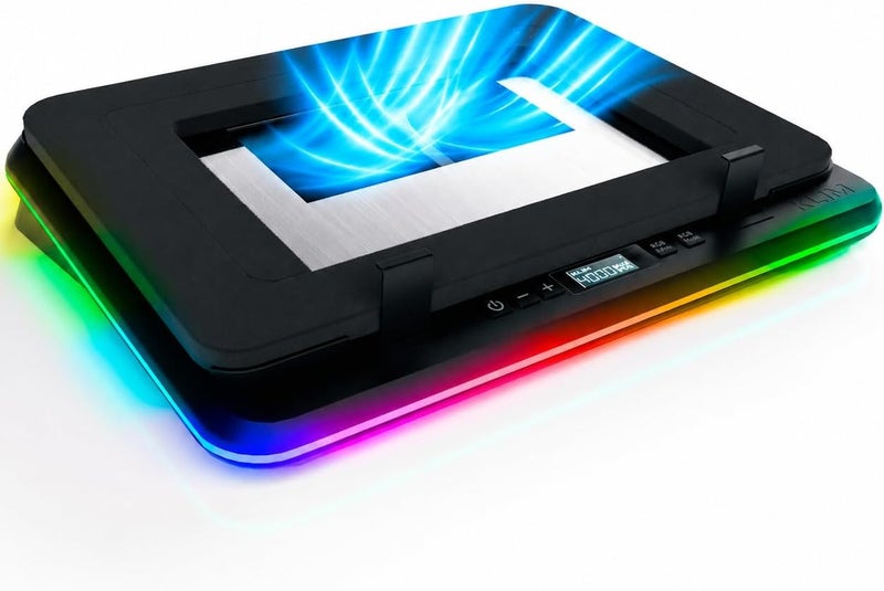 وسادة تبريد محمولة KLIM Turbofrost للألعاب – 4 مراوح توربو بسرعة 4000 دورة في الدقيقة، إضاءة RGB، 4 منافذ USB، طاقة مزدوجة (USB-C/DC)، رغوة محكمة الإغلاق للتبريد السريع – تناسب أجهزة الكمبيوتر المحمولة حتى 17 بوصة – اللون الرمادي الفضائي