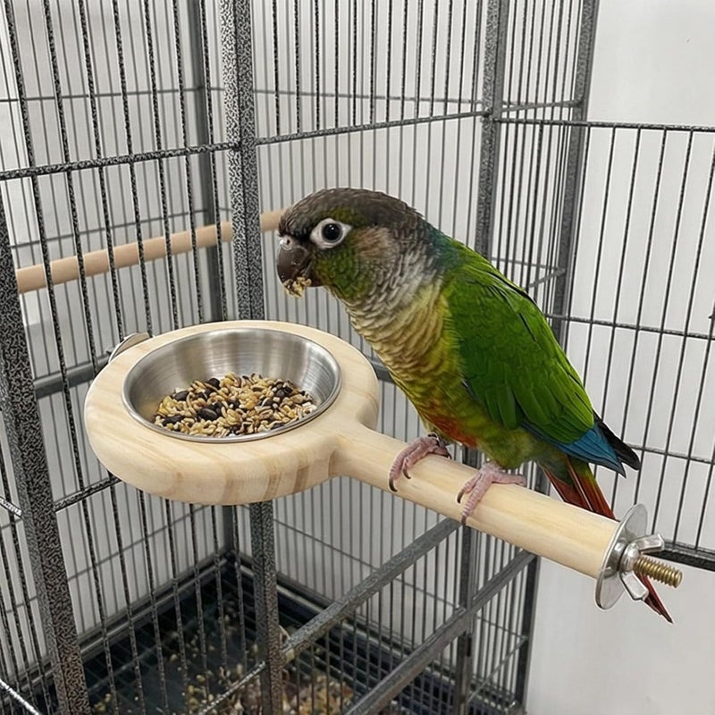 Detachable Stainless Steel Bird Feeding Cup with Wooden Perch for Parakeets Finches Feeding Soluation Food Water Bowl Parrots Perch Feeder - Image 4