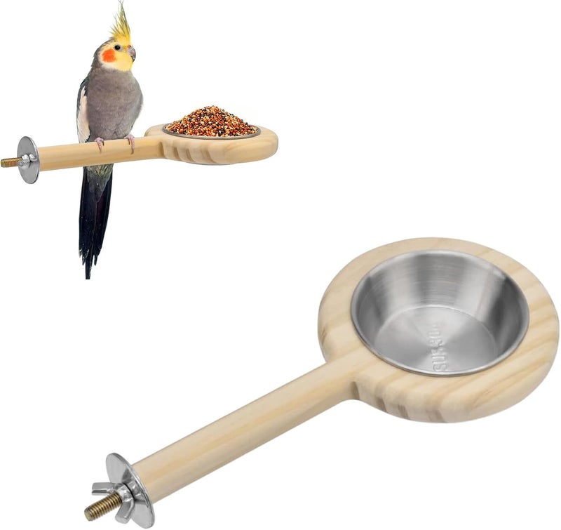 Detachable Stainless Steel Bird Feeding Cup with Wooden Perch for Parakeets Finches Feeding Soluation Food Water Bowl Parrots Perch Feeder - Image 2