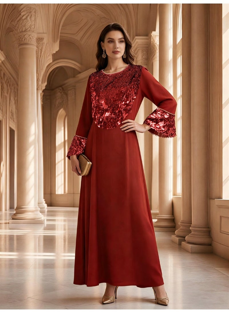 Kaiyuede Dubai Burgundy Satin Abaya with Red 3D Tassel Sequin | Round Neck Lined Modest Evening Dress for Eid & Wedding - Image 1