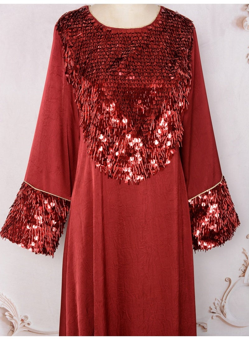 Kaiyuede Dubai Burgundy Satin Abaya with Red 3D Tassel Sequin | Round Neck Lined Modest Evening Dress for Eid & Wedding - Image 2
