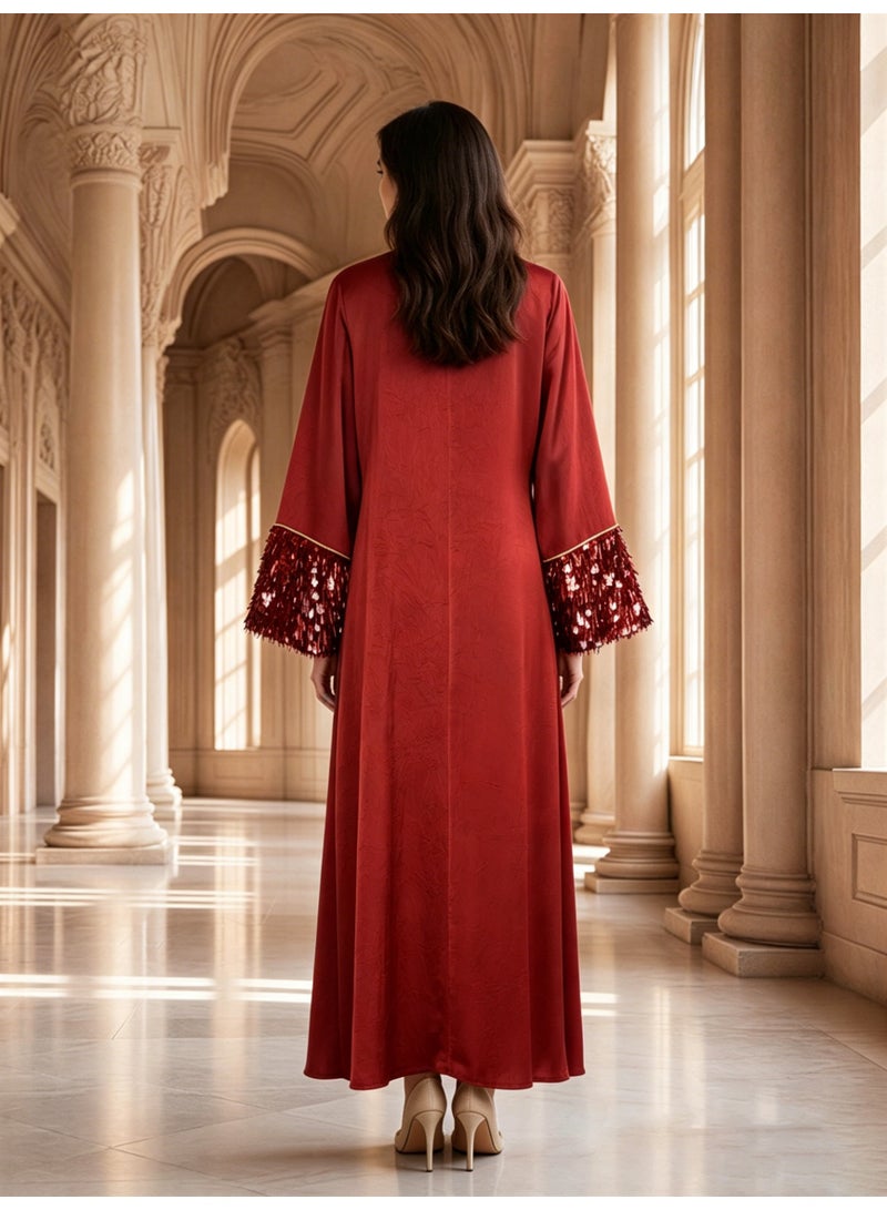 Kaiyuede Dubai Burgundy Satin Abaya with Red 3D Tassel Sequin | Round Neck Lined Modest Evening Dress for Eid & Wedding - Image 3