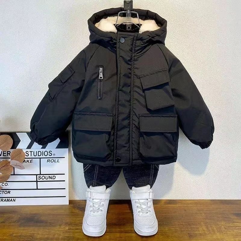 Kids Cotton Padded Jacket 2024 New Thickened Fleece Black three-dimensional pocket plus velvet cotton jacket 