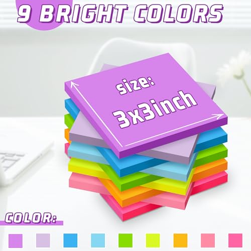 vipstar (36 Pack) Sticky Notes 3x3 in Post, 9 Bright Colors Self-Stick Note Pads it, Strong Adhesive, Easy to Post for Home, Office, Notebook - Image 2