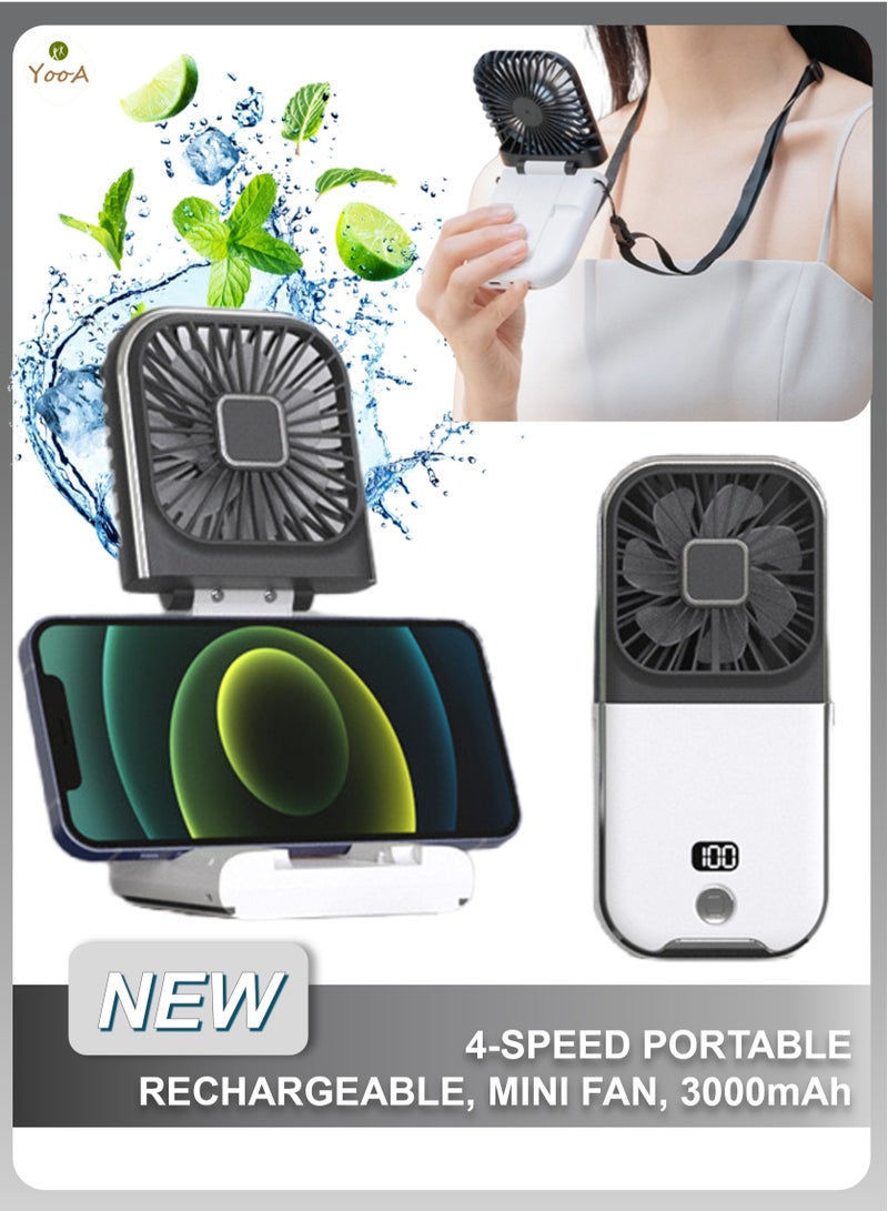 YooA 4-Speed Portable Neck Fan Rechargeable, Mini Fan | 3000mAh, 180° Adjustable, Real-Time Battery Display, Type-C, 10-Hour, Dual-Mode Power Bank, Home/Office/Travel, DC5V/1A(Blue&White) - Image 1