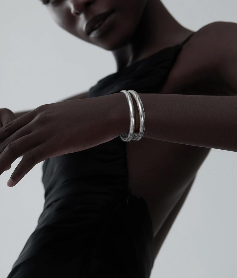 Badu Silver Bangle Filled Bracelets for Women waterproof Stretchy Stainless steel Link Chain Flexible Bracelets (8mm wide, 7.0 inches long) - Image 3