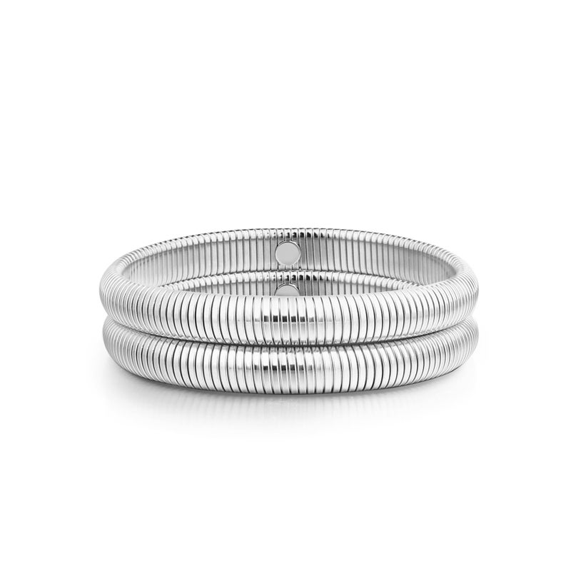 Badu Silver Bangle Filled Bracelets for Women waterproof Stretchy Stainless steel Link Chain Flexible Bracelets (8mm wide, 7.0 inches long) - Image 1