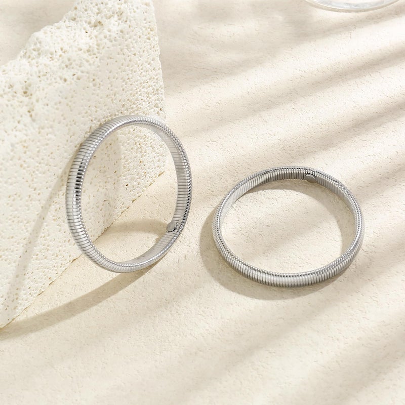 Badu Silver Bangle Filled Bracelets for Women waterproof Stretchy Stainless steel Link Chain Flexible Bracelets (8mm wide, 7.0 inches long) - Image 5