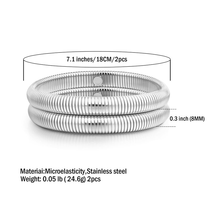 Badu Silver Bangle Filled Bracelets for Women waterproof Stretchy Stainless steel Link Chain Flexible Bracelets (8mm wide, 7.0 inches long) - Image 2