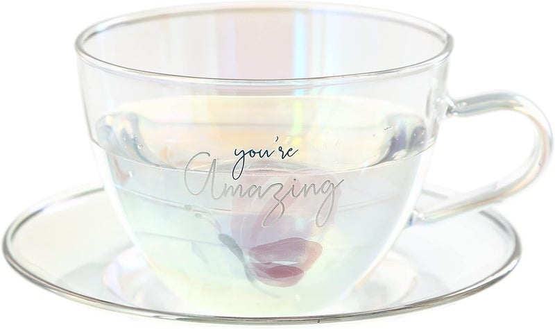 Pavilion Gift Company  Youre Amazing  7ounce Glass Teacup with Saucer Set Iridescent Coffee Cup Floral Pattern Teacup Valentines Day Gift Ideas For Friend Girlfriend Mug 1 Count  Pack of 2 - Image 1