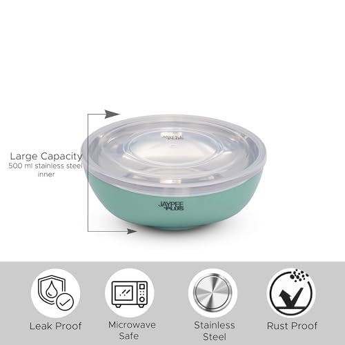 Jaypee Plus Stainless Steel Mixing & Serving Bowl Set of 2 with Lid,Rustproof,Microwave Safe,500 ml, Green - Image 3