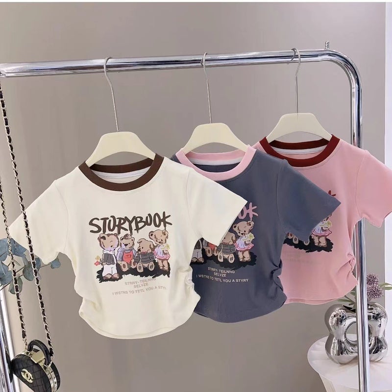 Cotton Girls Short-Sleeved T-Shirt 2025 Children'S Baby Cartoon Western-Style Slim-Fit High Waist Short Top - Image 4