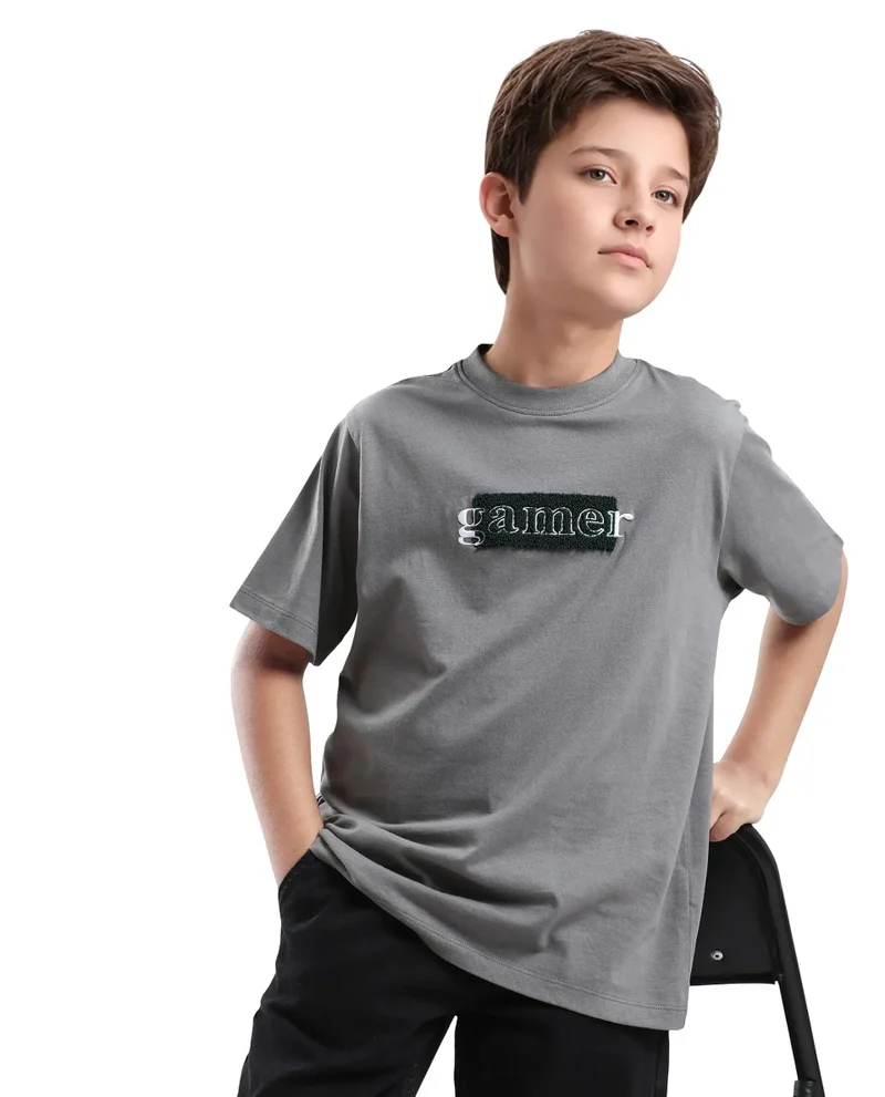 Rare Ones Rare Ones Kids Gamer Grey Cotton Embroidered Slip-On Regular Fit T-Shirt