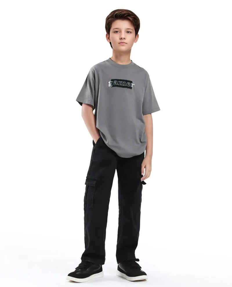 Rare Ones Rare Ones Kids Gamer Grey Cotton Embroidered Slip-On Regular Fit T-Shirt