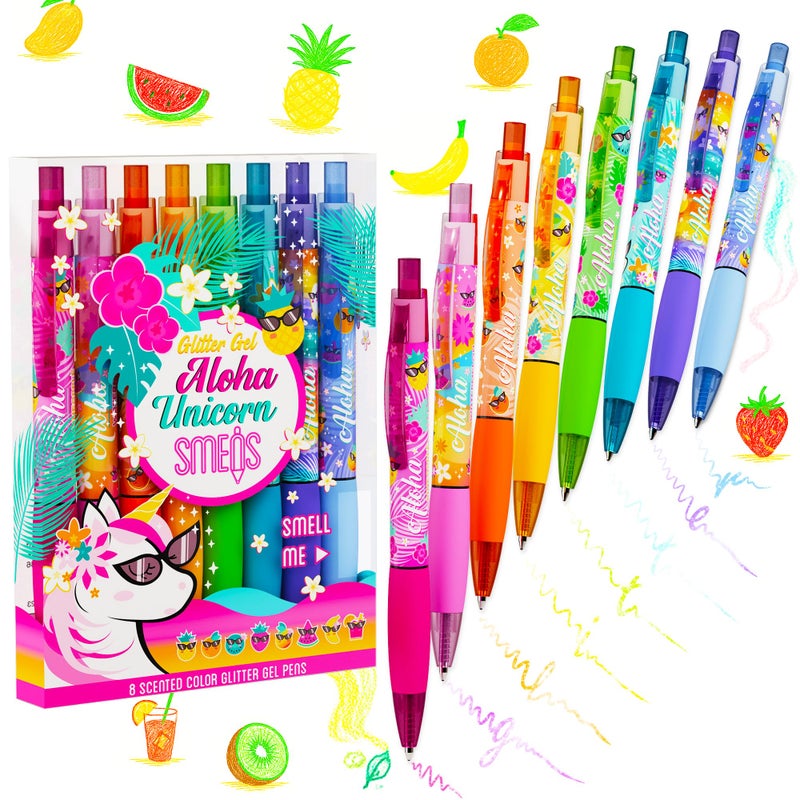 Scentco Glitter Gel Smens (Aloha Unicorn) - Patented Gourmet Scented Pens, Colored Glitter Gel Ink, Medium Point, 8 Count - Image 1