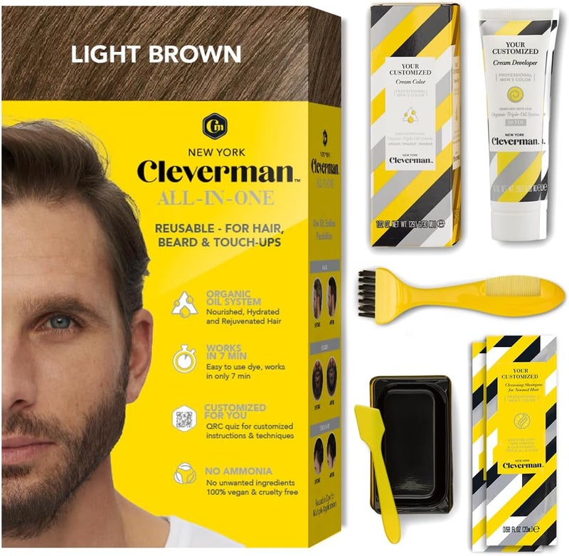 Cleverman Light Brown All-in-One Reusable Hair & Beard Dye Kit - Natural-Looking Gray Coverage, Professional-Quality and Ammonia-Free for Men - Image 1