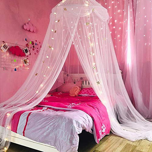 Nattey Bed Canopy with Lights for Girls,Gold Star Princess Crib Canopy Curtains,Extra Large Dome Mosquito Net Reading Nook Canopy for Kids Boys Twin Full Queen Size Bed,Fire Retardant Fabric - Image 3