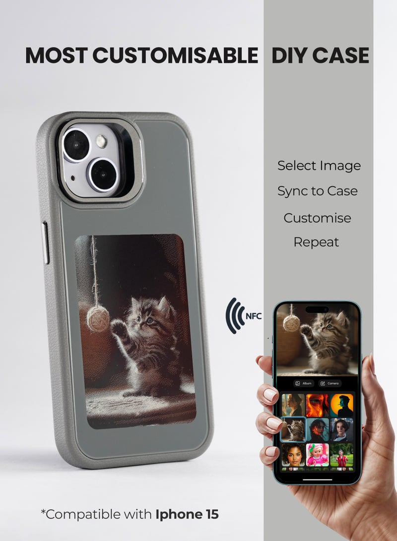AI Vista iPhone 15 – Grey Smart Case with NFC, E-Ink Back Display, DIY Image - Image 1