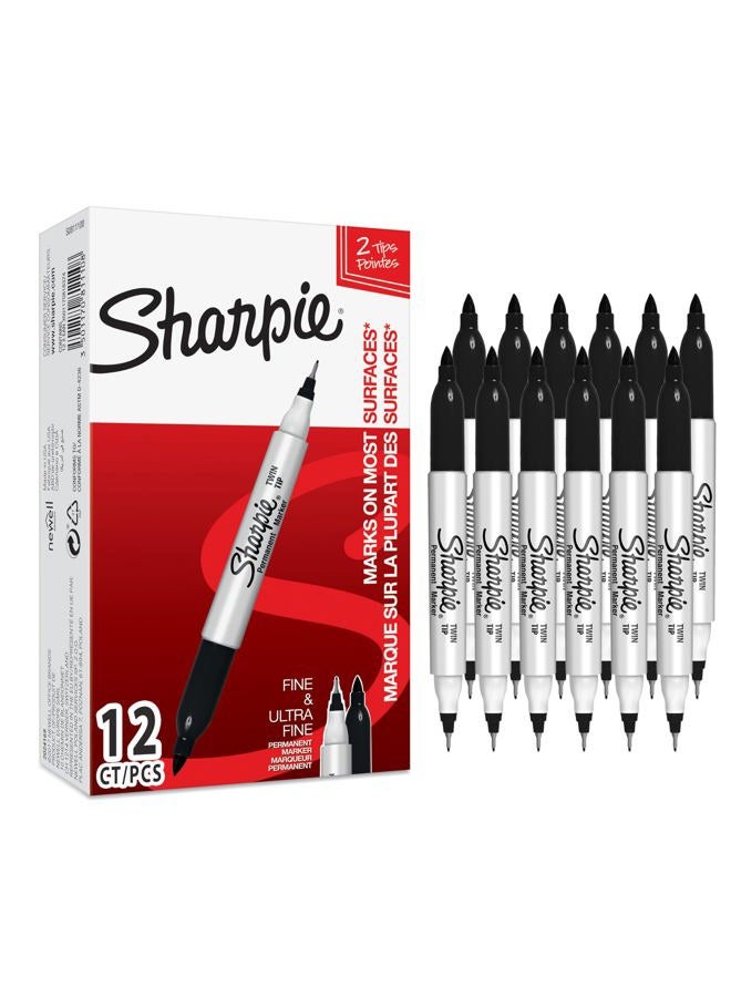 SHARPIE Dual Tip Permanent Markers | Fine & Ultra Fine Tip | Black Ink | Pack of 12 - Image 1