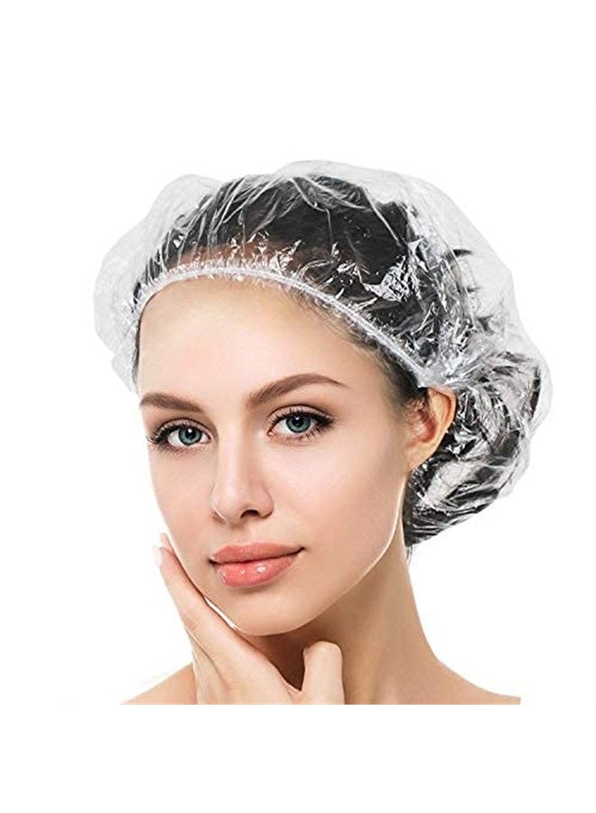 Auban 100PCS Disposable Shower Caps, Plastic Clear Hair Cap Large Thick Waterproof Bath Caps for Women, Hotel Travel Essentials Accessories Deep Conditioning Hair Care Cleaning Supplies(19.3") - Image 1