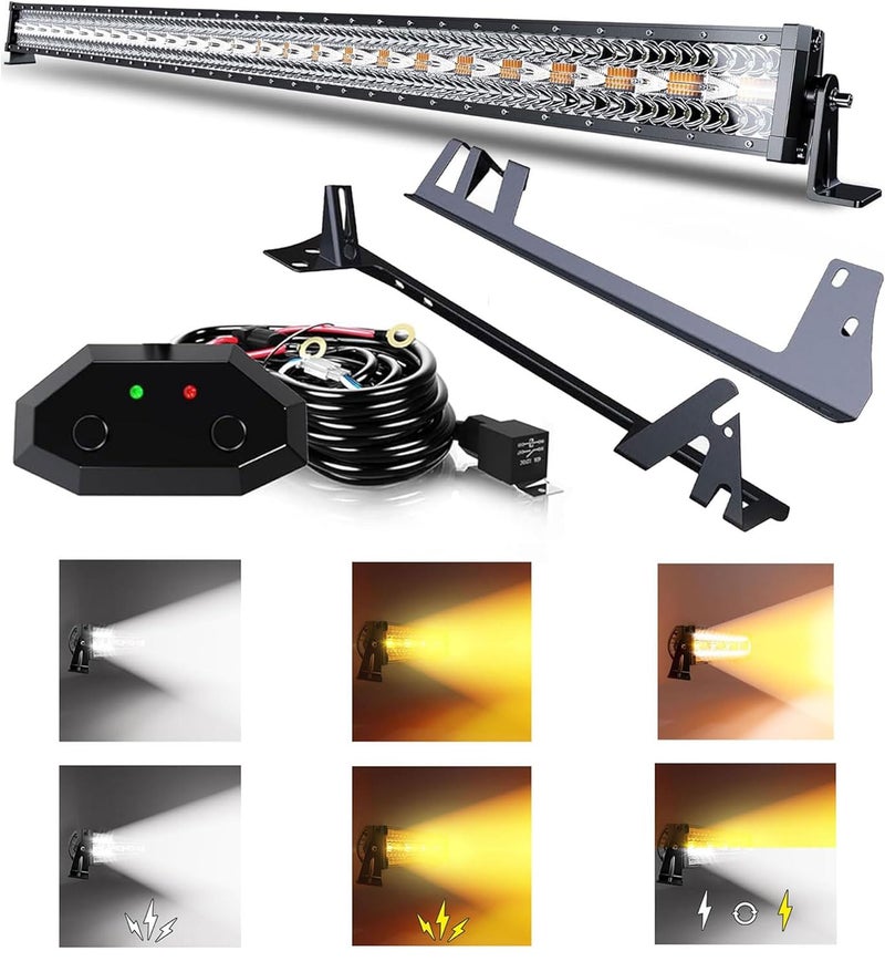 ASLONG 52 Inch 300W LED Light Bar White/Amber Flasing Strobe with Six Modes Spot Flood Offroad Driving Light with Upper Windshield Mounting Brackets Wiring Harness Switch for Wrangler JK 2007-2018 - Image 1