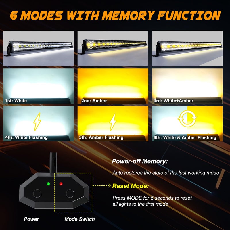 ASLONG 52 Inch 300W LED Light Bar White/Amber Flasing Strobe with Six Modes Spot Flood Offroad Driving Light with Upper Windshield Mounting Brackets Wiring Harness Switch for Wrangler JK 2007-2018 - Image 3