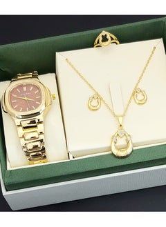 A set of an analog watch and a set consisting of a necklace, earring and a ring for women