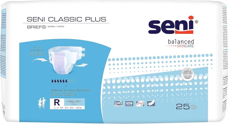SENI Classic Plus Unisex Adult Incontinence Briefs with Tabs Regular Size 4050 25 Count 1 Pack of 25 Moderate to Heavy Absorbency Breathable Disposable Brief for Men Women - Image 1