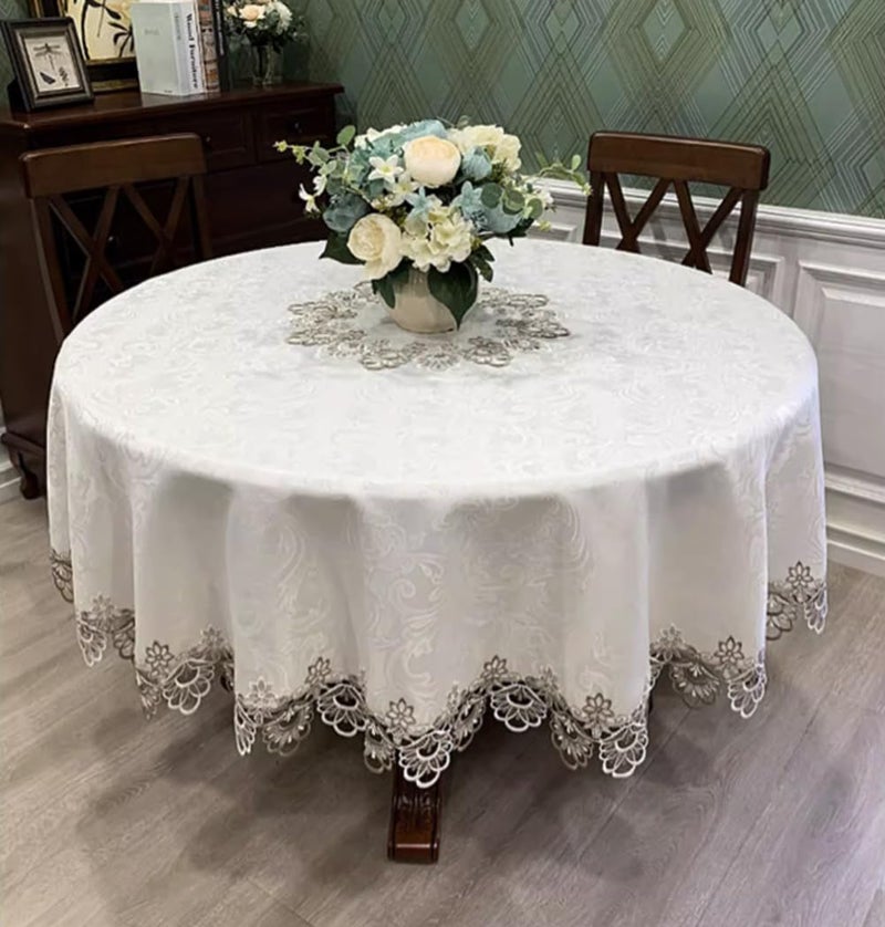 AMZALI Round Table Cloth Floral Embroidered Lace Tablecloth Wrinkle Free & Stain Resistant Fabric Tablecloths Table Cover for Kitchen Dinner (Round 60 inch) - Image 1