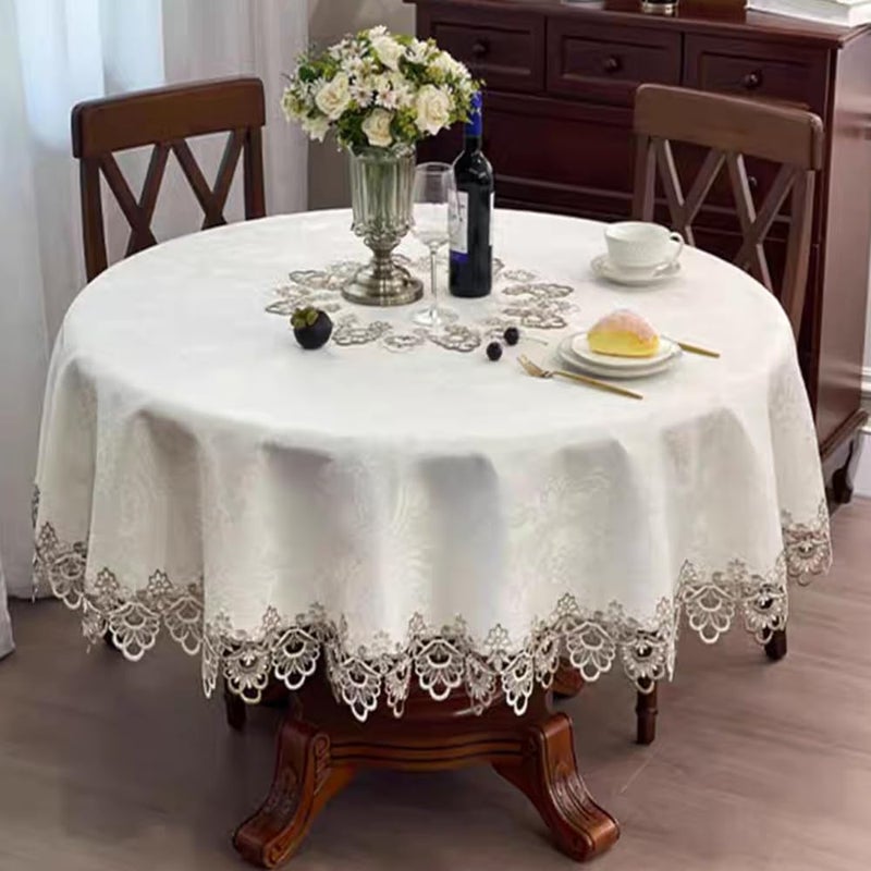AMZALI Round Table Cloth Floral Embroidered Lace Tablecloth Wrinkle Free & Stain Resistant Fabric Tablecloths Table Cover for Kitchen Dinner (Round 60 inch) - Image 4