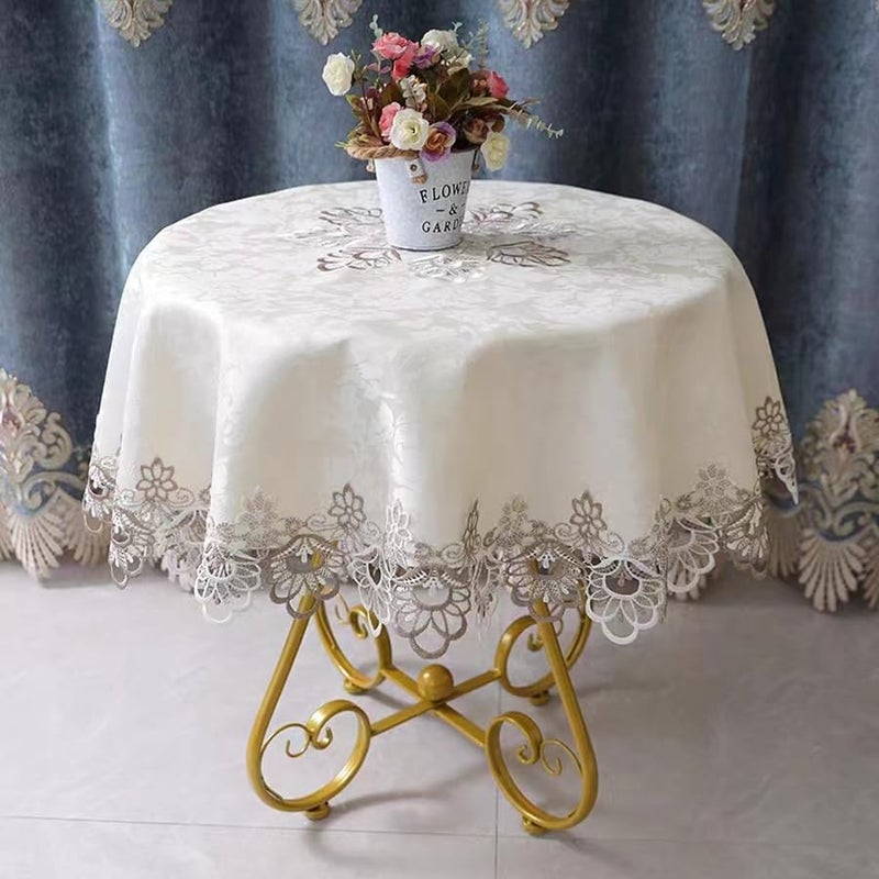 AMZALI Round Table Cloth Floral Embroidered Lace Tablecloth Wrinkle Free & Stain Resistant Fabric Tablecloths Table Cover for Kitchen Dinner (Round 60 inch) - Image 5
