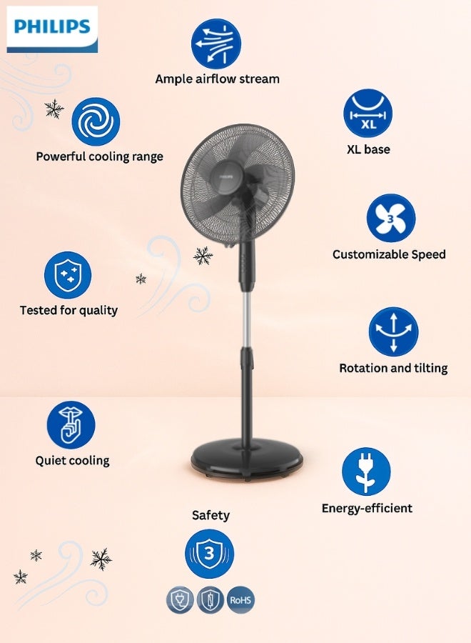 Philips Series 600 Pedestal Fan – ACP620/01, 3250 m³/h Airflow, Quiet 40 dB(A), 45 cm Head, 3-Speed Settings, Tilt & Oscillation, Height Adjustable – Black 3250 m³ 45 W ACP620/01 black - Image 4