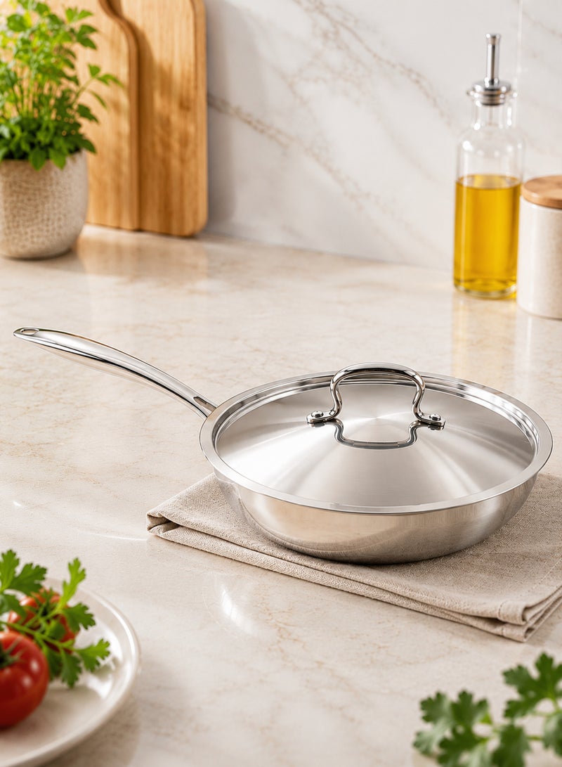 Aanya Homecraft Premium Tri-Ply Stainless Steel Fry Pan with Lid, 24cm – Extra Deep Silver Frying Pan with Extra-Long Handle for Bulk Frying, Family Meals & Professional Cooking - Image 4