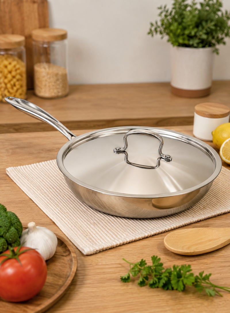 Aanya Homecraft Premium Tri-Ply Stainless Steel Fry Pan with Lid, 24cm – Extra Deep Silver Frying Pan with Extra-Long Handle for Bulk Frying, Family Meals & Professional Cooking - Image 5