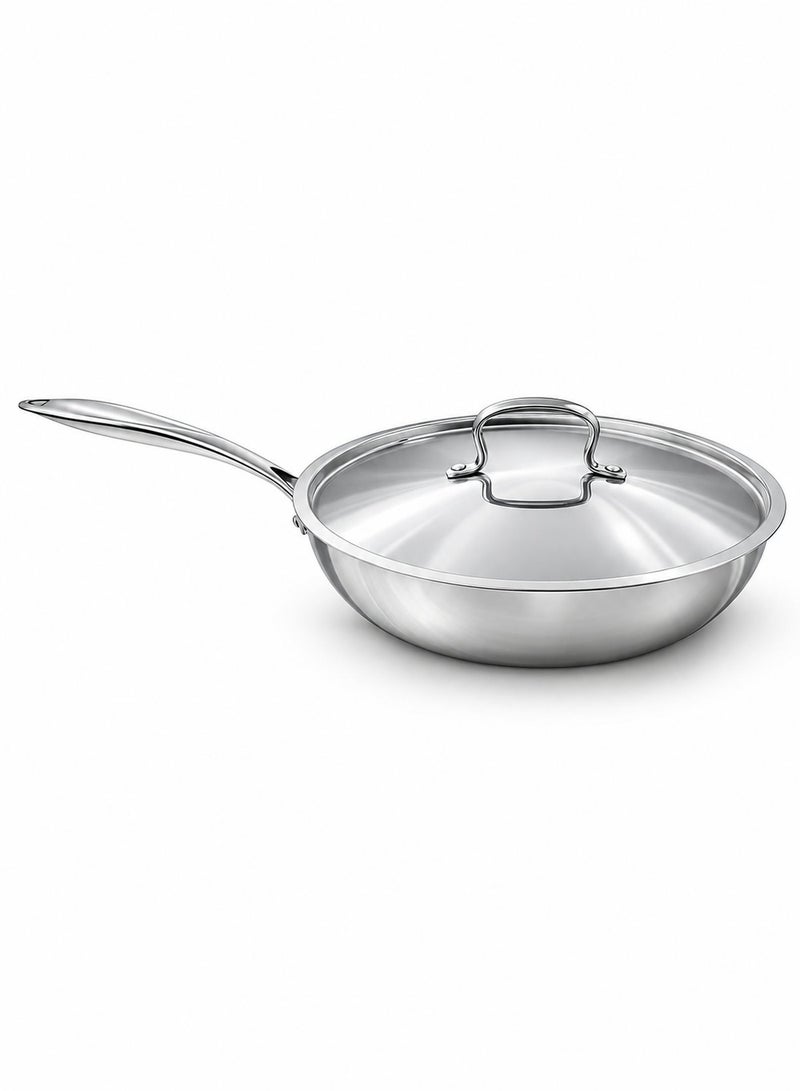 Aanya Homecraft Premium Tri-Ply Stainless Steel Fry Pan with Lid, 24cm – Extra Deep Silver Frying Pan with Extra-Long Handle for Bulk Frying, Family Meals & Professional Cooking - Image 1