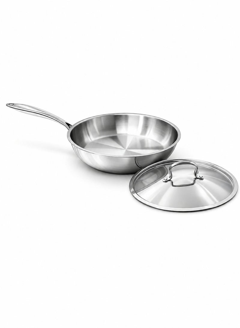Aanya Homecraft Premium Tri-Ply Stainless Steel Fry Pan with Lid, 24cm – Extra Deep Silver Frying Pan with Extra-Long Handle for Bulk Frying, Family Meals & Professional Cooking - Image 2