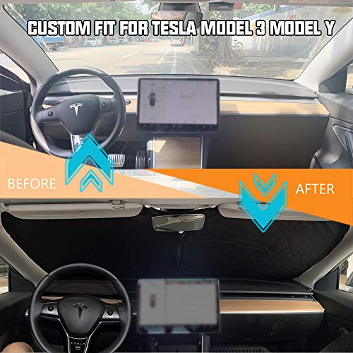 ROCCS Compatible with Tesla Model 3 Model Y Front Windshield Sunshade - 210T Double Layer Blocking Fabric Foldable Heat Shield Sun Visor - Folding Sun Shade with Elastic Rope and Storage Bag - Image 2