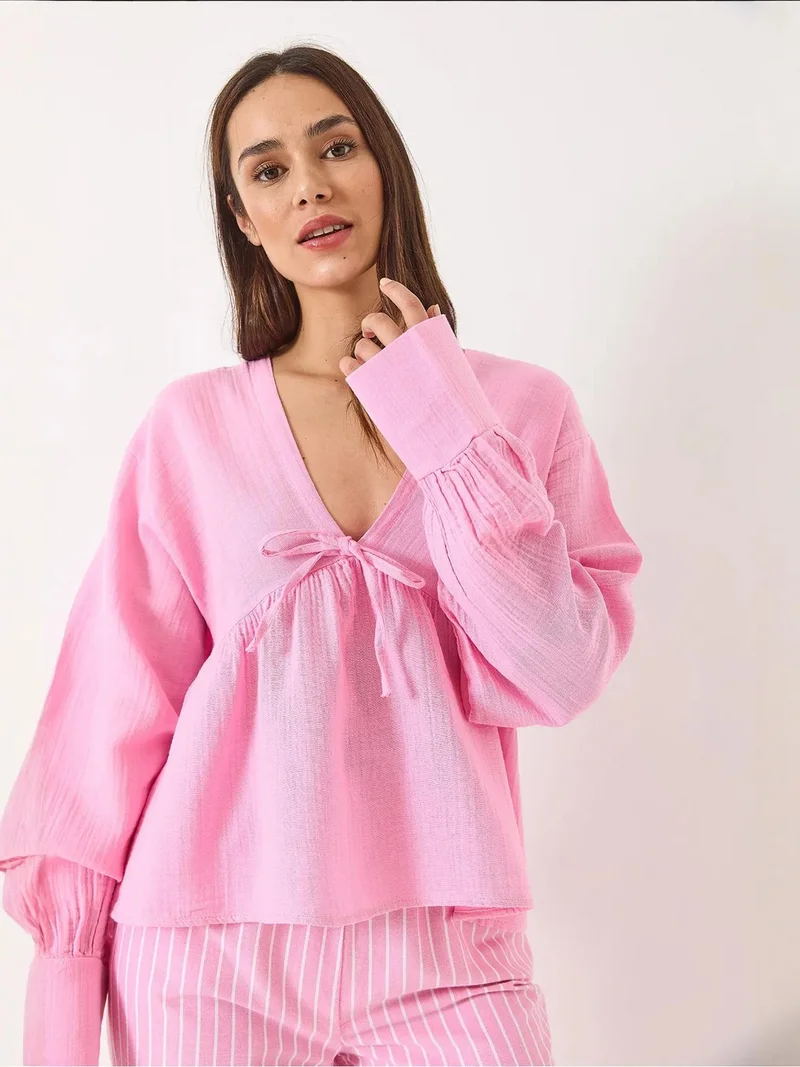 Bianco Lucci Bright Pink LUCCI Textured V-neck Crop Blouse with Bow Tie for Women | Best Price UAE