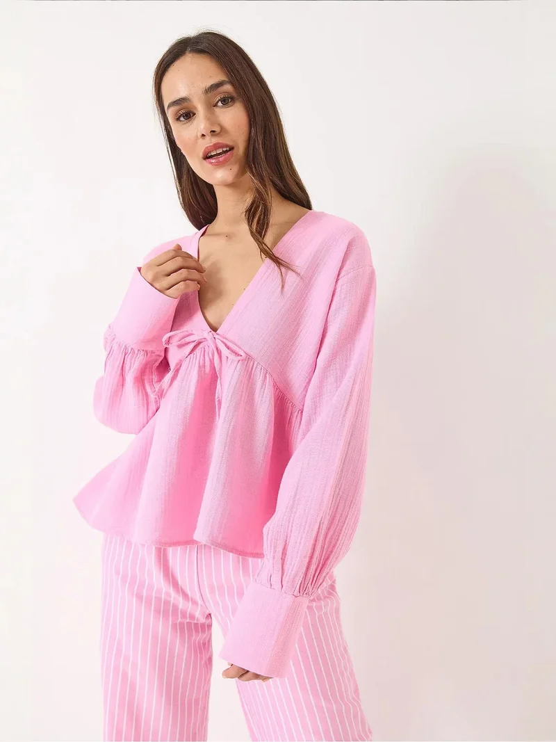 Bianco Lucci Bright Pink LUCCI Textured V-neck Crop Blouse with Bow Tie for Women | Best Price UAE