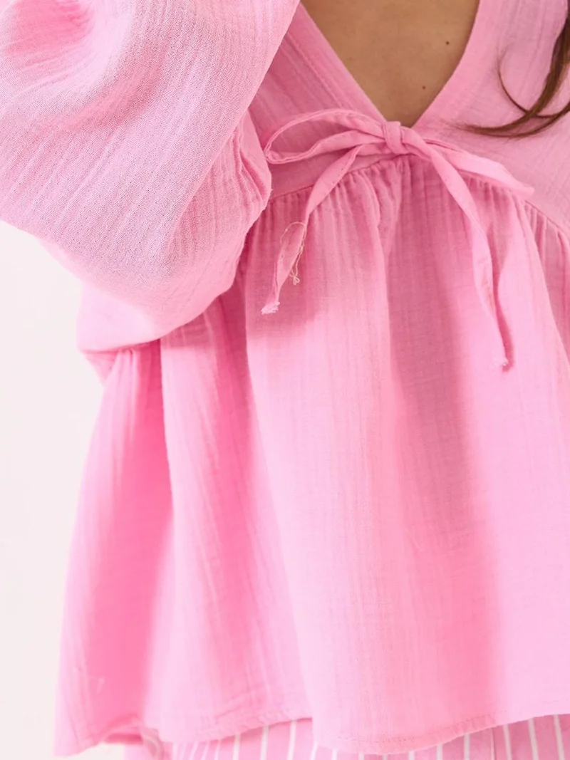 Bianco Lucci Bright Pink LUCCI Textured V-neck Crop Blouse with Bow Tie for Women | Best Price UAE