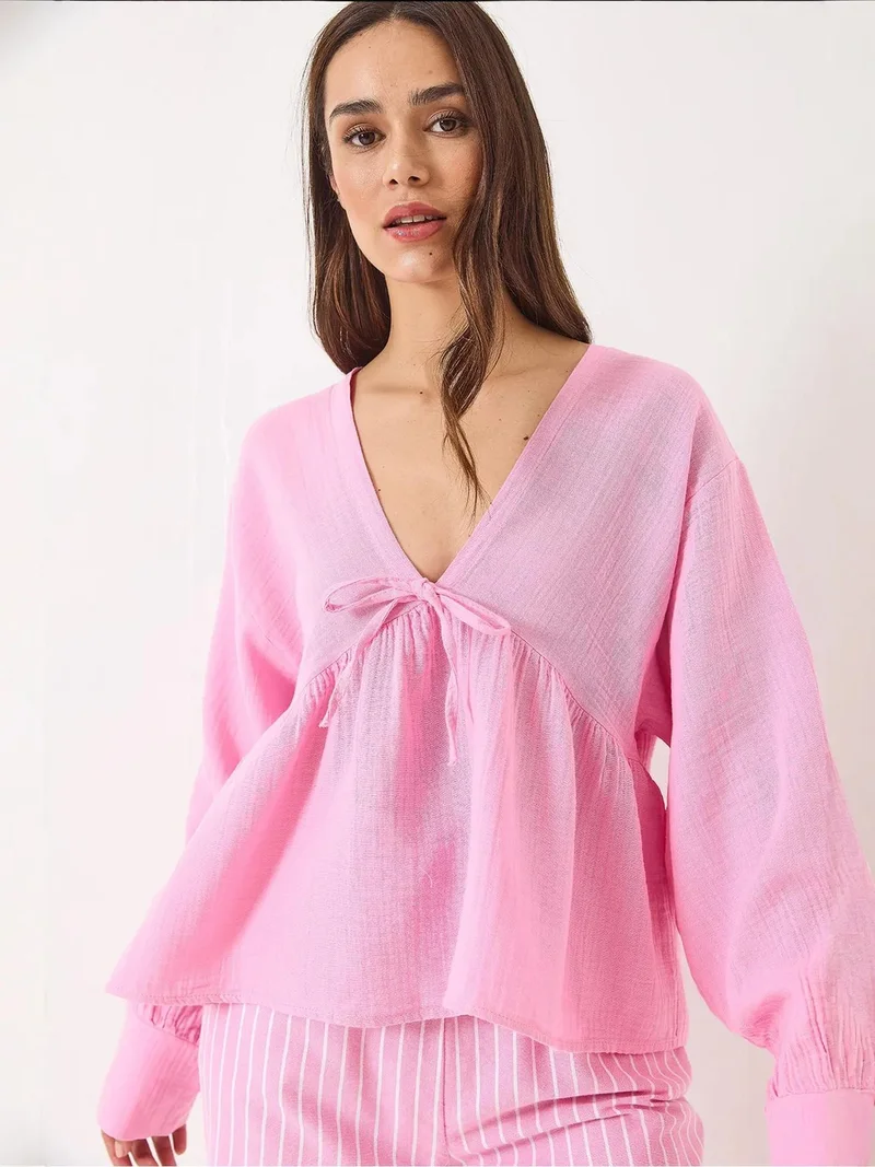 Bianco Lucci Bright Pink LUCCI Textured V-neck Crop Blouse with Bow Tie for Women | Best Price UAE