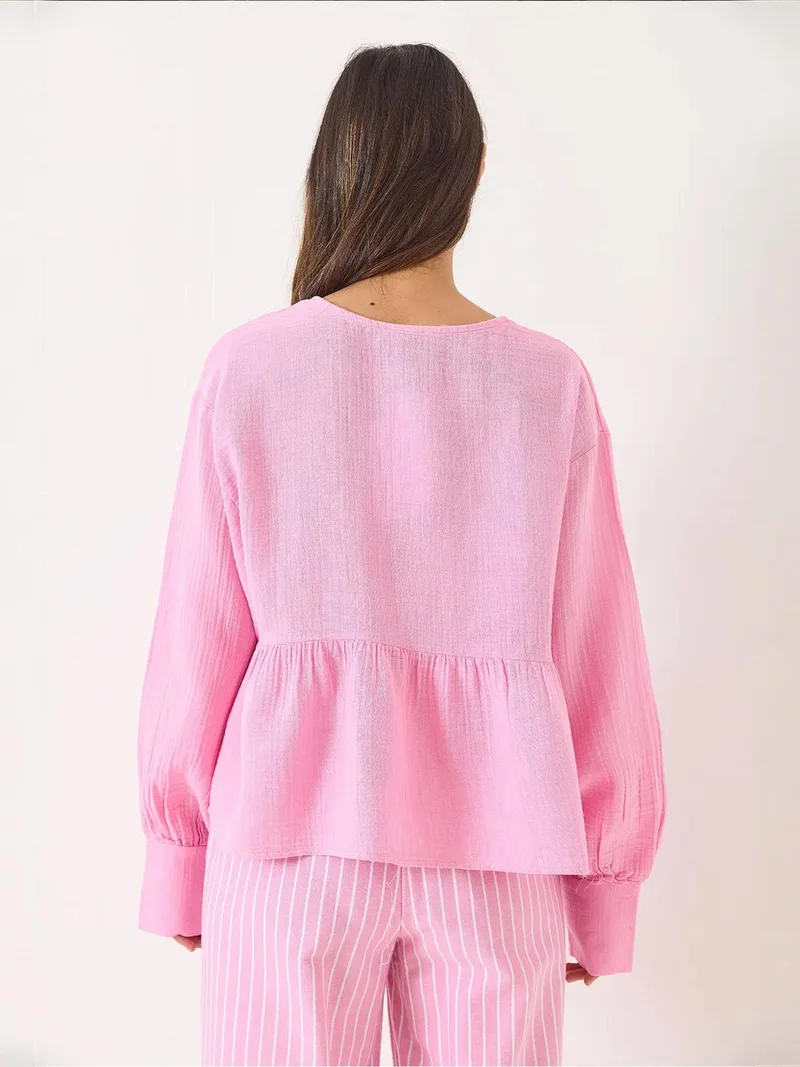 Bianco Lucci Bright Pink LUCCI Textured V-neck Crop Blouse with Bow Tie for Women | Best Price UAE