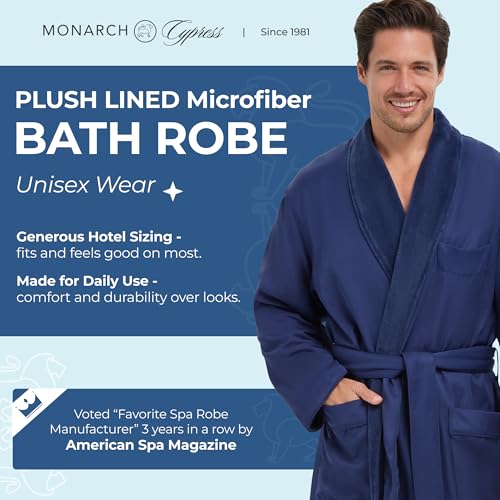 MONARCH Plush Lined Microfiber Bath Robe for Men or Women – Soft Microfiber Shell with Polyester Lining, Generously Sized Resort-Grade Spa & Hotel Robe with Pockets - Machine Washable (Navy) - Image 2